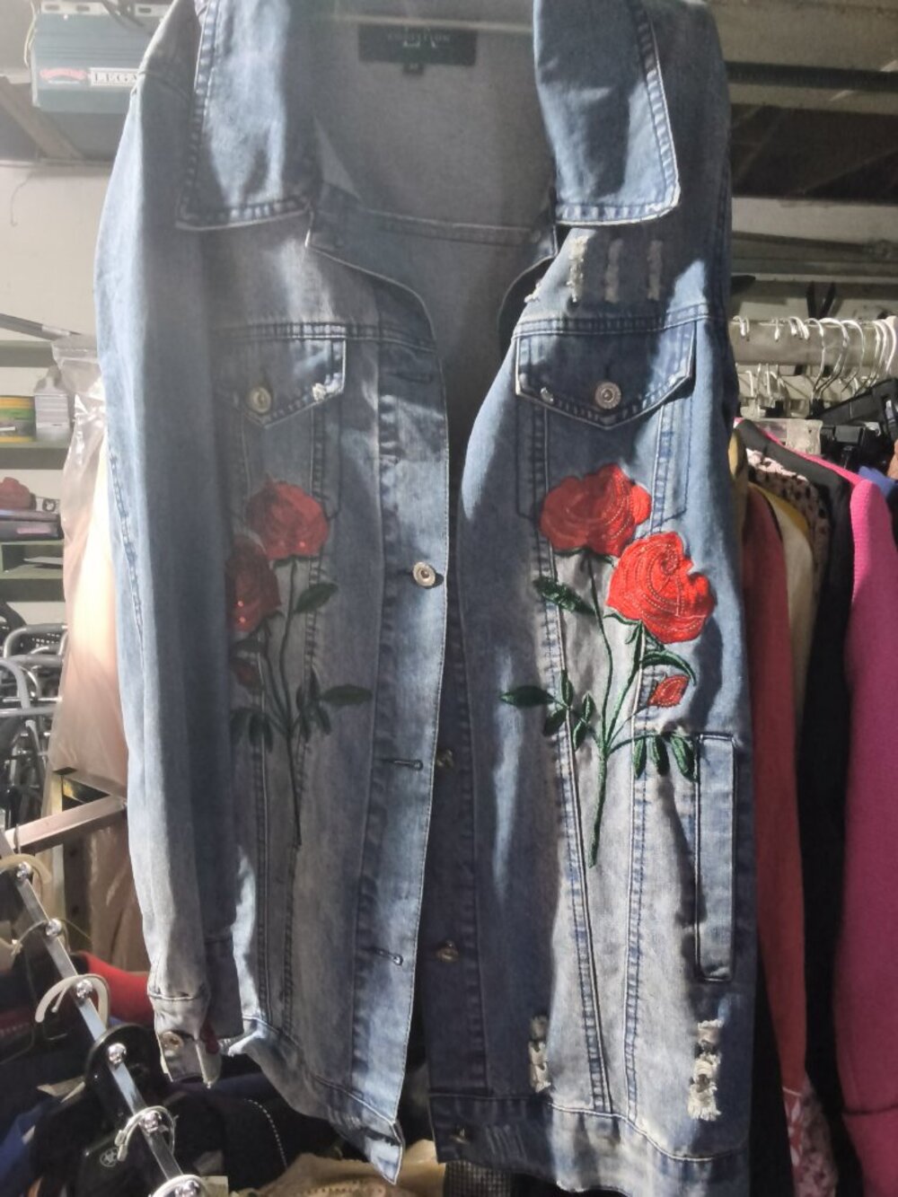 Embroidered Rose Denim Jacket Distressed Floral Jean Jacket Oversized - Picture 2 of 3